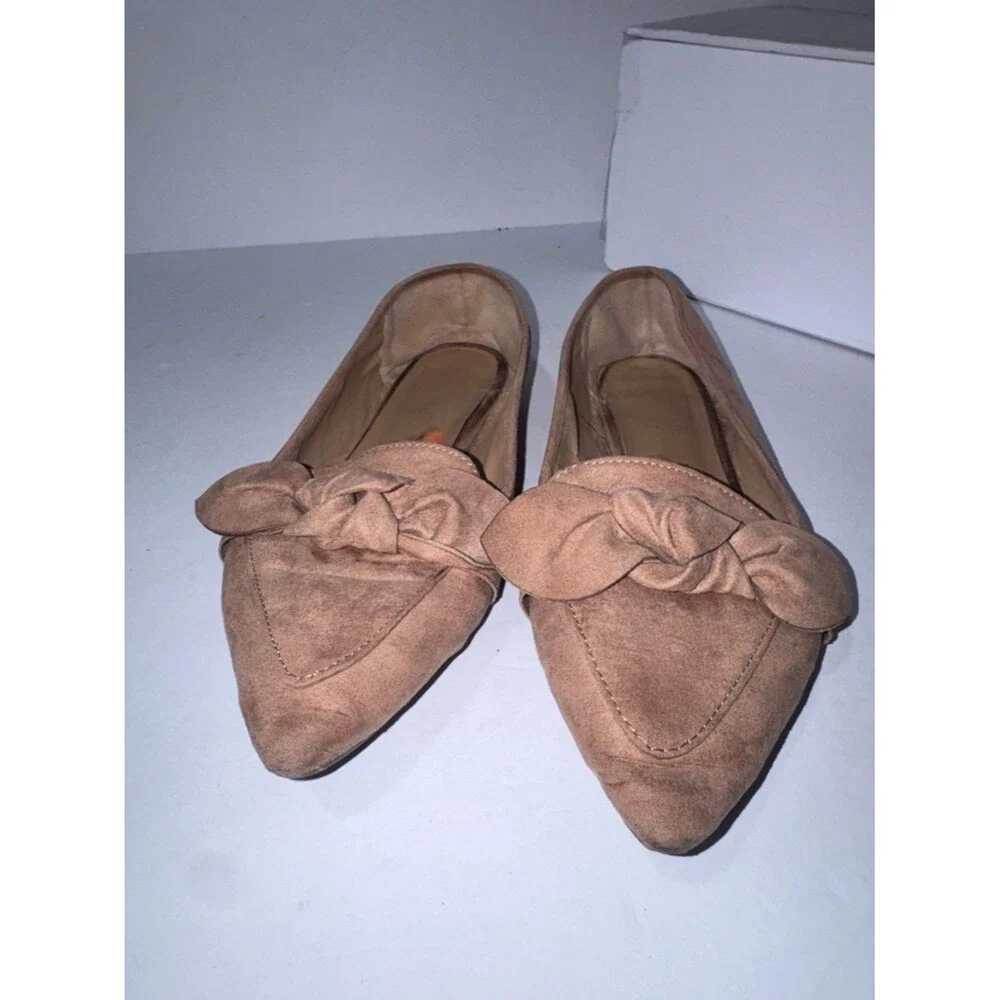 Bamboo Size 7 Women’s Pointed Toe Knot Detail Flats - Brown / Tan